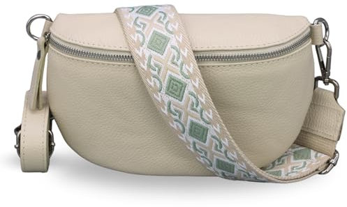 ADEL Bauchtasche Damen Echtleder Emma Silber Handgemachte Umhängetasche Crossbody Bag mit Optionalen Breiten Gemusterten Riemen Stylische Hüfttasche Made in Italy (Beige-Silber 5, Large)