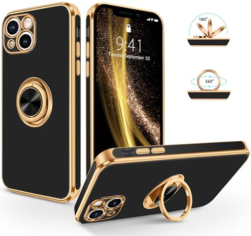 SouliGo iPhone 14 Hülle, iPhone 14 Handyhülle Slim weiche TPU Silikon Case Cover mit 360 Grad Ring Halter Ständer stabil Kratzfest Hülle für iPhone 14 6.1'' Schwarz Gold