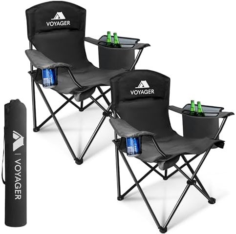Voyager Folding Camping Chairs 2 Pack with Cooler Bag, Lightweight Q195 Steel Frame, 600D Oxford Fabric, Portable & Comfortable - Black