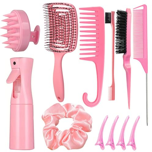 12Pcs Hair Comb Detangling Brush Sets for Women,Professional Salon Styling Brush Sets for Curly Hair with Spray Bottle and Clips (02 Pink)