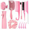 12Pcs Hair Comb Detangling Brush Sets for Women,Professional Salon Styling Brush Sets for Curly Hair with Spray Bottle and Clips (02 Pink)
