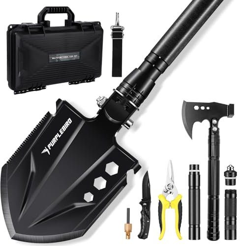 PURPLEBIRD 12-in-1 Klappspaten mit 180° Camping-Axt | Überlebens-Set inkl. Multitool, Camping Axe & Tragebag für Outdoor/Camping (rostfrei & faltbar)