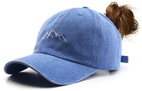 YULOONG Damen Pferdeschwanz Baseball Cap Mountain Peak Stickerei Baseball Cap Retro Gewaschene Baumwolle Hut Sonnenschutz Cap Einstellbare Tennis Golf Sport Cap Hellblau