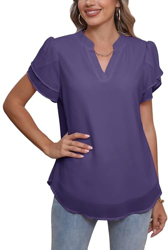 Famulily Sommerliches Chiffon-T-Shirt für Damen, V-Ausschnitt, Blütenblatt, kurzärmelig, doppellagig, Chiffon-Blusen, violett, M