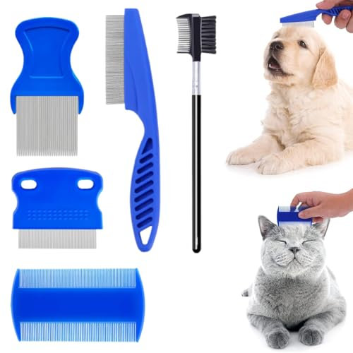 QOMJUFA 5 Pcs Läusekamm, Katze Hund Flohkamm, Pet Reißen Fleck Entferner Kamm Set, Läusekamm Flohkamm für Katzen, Haustier Kamm Edelstahl Läusekamm