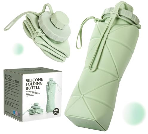 Yabonie Collapsible Water Bottles, Foldable Silicone Water Bottle 600ml, Lightweight Folding Water Bottle Reusable Leakproof for Camping Hiking Cycling Travel Yoga Sports Outdoor (Green)