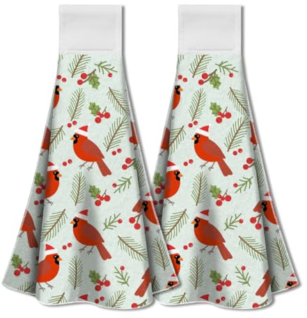 WADORN 2 Pack Küchenhandtücher Zum Aufhängen Mit Schlaufe Roter Kardinalvogel, Beeren Kardinal Weihnachtshandtuch Mikrofaser Weich Saugfähig Zum Aufhängen Tee Waschlappen 31.5x34.5cm Für Küche Urlaub