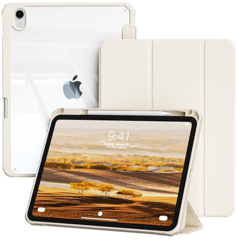BQDIYOO Case for iPad A16 11th/10th Generation 11/10.9 inch 2025/2022 | Protective cover with Pen Holder transparent back, Auto Sleep/Wake,Trifold Stand,Support Touch ID, White cream