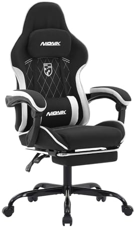 NIONIK Gaming Stuhl, Racing Gaming Chair mit Fußstütze Ergonomischer Gaming-Stuhl Kopfstütze Verstellbarer Computerstuhl Höhenverstellbar Lendenwirbelstütze für Homeoffice und Gaming Blackwhite