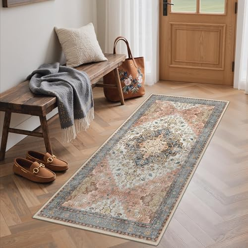 BEIMO Läufer Flur 80x150cm, Vintage Waschbarer Teppich Rot | Boho Orientalisch Wohnzimmerteppich, Weicher Kurzflor Klein Carpet mit Rutschfester für Eingang, Bettvorleger Schlafzimmer