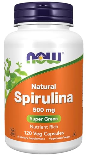 NOW Foods Supplements, Natural Spirulina 500 mg with Beta-Carotene (Vitamin A) and Vitamin B-12, and naturally occurring Protein and GLA (Gamma Linolenic Acid), 120 Veg Capsules