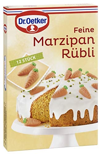 Dr. Oetker Feine Marzipan Rübli 4er Pack, 4 x 42 g, Halbrelief-Figuren in Möhrenform, Marzipan-Dekor zum Verzieren von Karottenkuchen, essbare Kuchen- & Tortendekoration