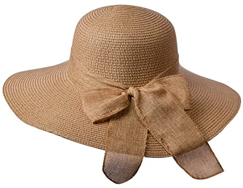 Miobo Damen Strohnut Sonnenhut Sommer Schleife Hut Strandhut Krempenhut Schlapphut 58 Braun