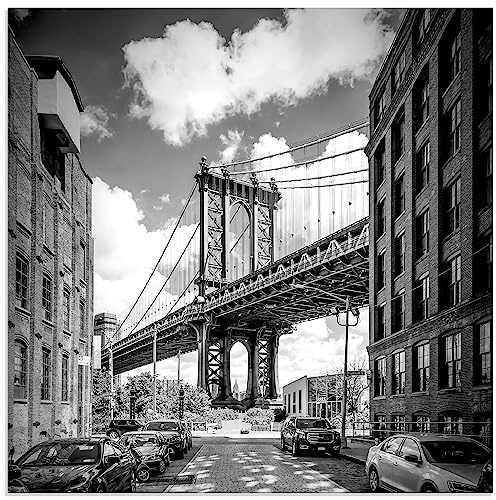 ARTland Wanddeko Glasbilder Wandbild Glas Bild einteilig 40x40 cm Quadratisch New York Brooklyn Skyline Architektur Brücke Manhattan Bridge Monochrom USA Amerika S8SD