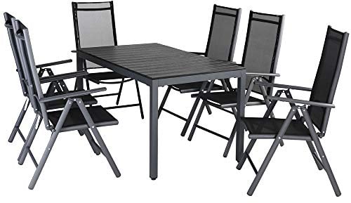 Casaria® Gartenmöbel Set 6 Stühle mit WPC Tisch 140x80cm Aluminium Sicherheitsglas Wetterfest Klappbar Modern Terrasse Balkon Möbel Sitzgruppe Garnitur Bern