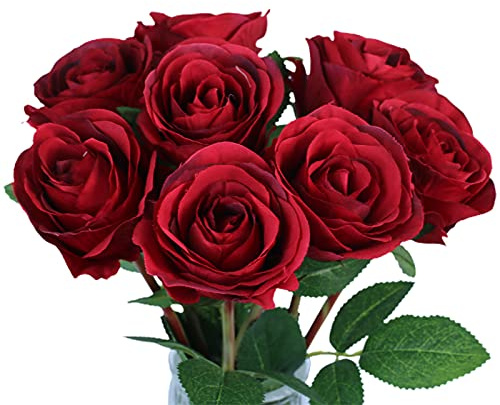 Tinsow Künstliche Rosen Blumen mit 8 Köpfen für Blumenarrangement, Seidenlatex Rosenstrauß für Heimdekoration, Faux Rosen für Valentinstag Partys und Hochzeitsdekoration (Rot, 8)