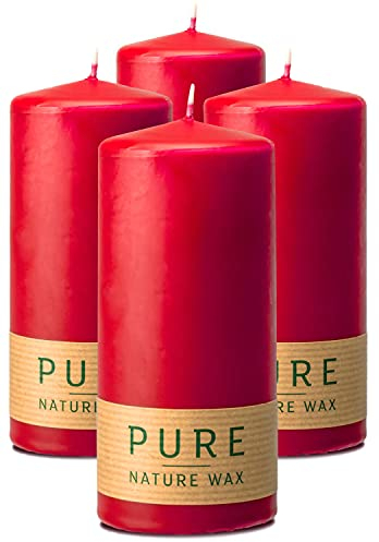 Hyoola Pure Natürliche Stumpenkerzen - Stumpen Kerzen aus 100% Natürlichem Wachs - Paraffinfrei - Ø 6 x 13 cm - Rote Kerzen Lange Brenndauer - 4er Pack