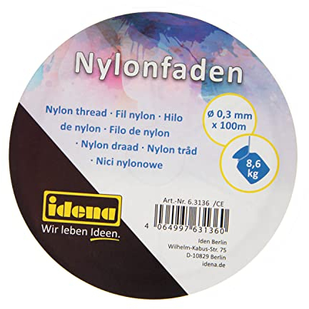 Idena 63136 - Transparenter Nylon-Faden auf Spule, unsichtbare Nylon-Schnur ca. 0,3 mm x 100 m, Tragkraft ca. 8,6 kg, zur Schmuckgestaltung, zum Basteln und Aufhängen von Mobiles, Fensterbildern uvm.