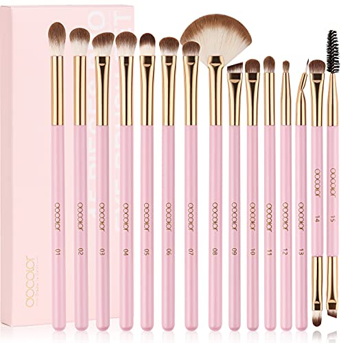 Eyeshadow Brushes docolor Eye Makeup Brushes Eye Makeup Brush Set | Professional Brushes with Premium Wooden Handles for Eyeshadow, Concealer, Eyebrow, Eyelash and Eye Liners Neon (Pink, 15pcs)