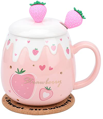 Rosa Tasse, Süße Erdbeertasse Mit Deckel und Löffel, Kaffeetasse aus Keramik, Kawaii-Pokal für Teemilch, Frau Mädchen Student koreanische Art 450ml Weihnachten Geburtstagsgeschenk (Große Erdbeere)