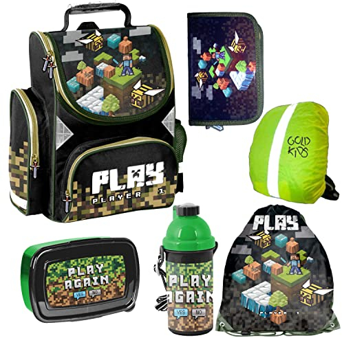 Goldkids 6er Set Schulranzen Ranzen Tornister Schulrucksack Federmappe Turnbeutel Turnsack Brotdose Trinkflasche Regenschutz Game Motiv ab 1 Klasse
