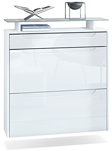 Vladon Schuhschrank Annie, Schuhkipper für 16 Paar Schuhe mit 2 Klappen, 1 Schublade und Glasablage, Weiß matt/Weiß Hochglanz, Griffmulden in Weiß Hochglanz (89 x 96 x 23 cm)