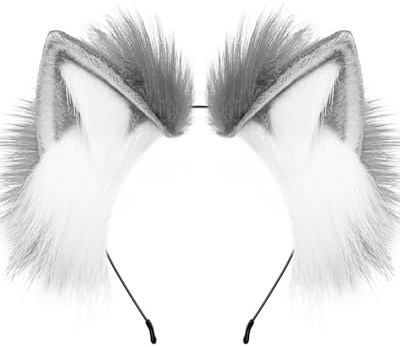 ZFKJERS Serre-tête avec oreilles de loup en fourrure pour homme et femme (gris et blanc)