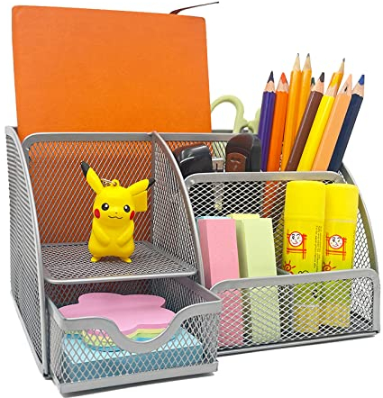 Multifunktions Schreibtisch Organizer,Stiftehalter Schreibtisch aus Metall,Büro Organizer,Organizer Schreibtisch Desk Organizer,Geeignet für Schule,Büro usw. (Sieben Gitter - Silber)