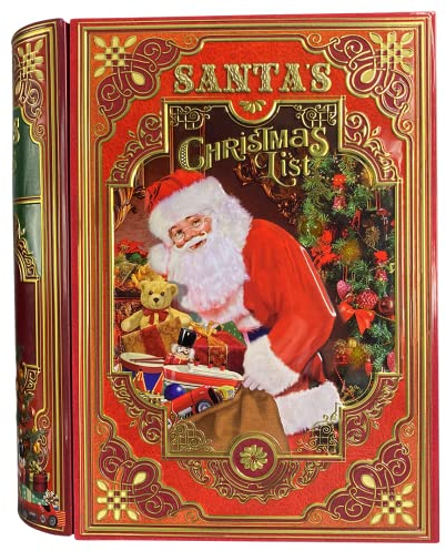 Große Buchdose Santa's List - Aufbewahrungsdose, Keksdose, Blechdose. Aufbewahrung für Plätzchen und Lebkuchen. Aaufwändig geprägt und bedruckt. Vol. 3,0l. Maße: (L x B x H): 24,5 x 21,3 x 9,0 cm