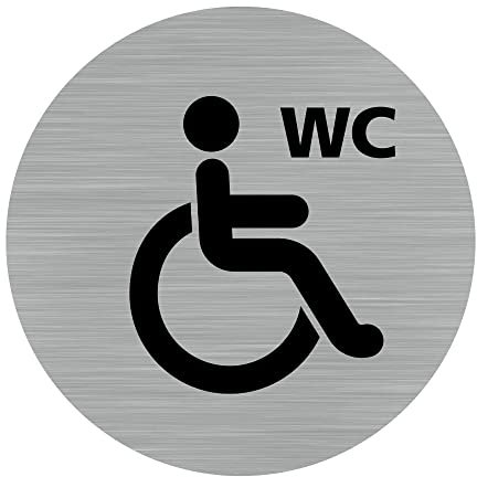 Pictogramme WC Handicapé et PMR (Q0183). Autocollant souple effet alu brossé ou plaque de porte alu brossé ep 2mm au choix - Diamètre 83 mm - Adhésif aspect aluminium brossé - Adhésif aspect aluminium