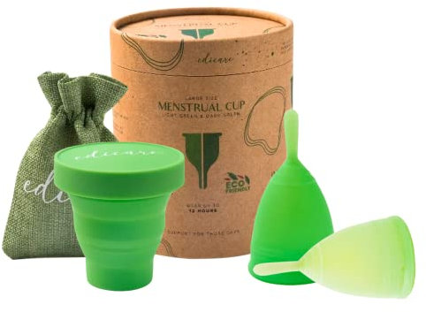 Edicare, Coppetta Mestruale, 2 Coppette Mestruali, 1 Sterilizzatore, 1 Borsa da Trasporto, Silicone di Grado Medico, Morbido, Ecosostenibile, Riutilizzabile (L - Organic Edition)