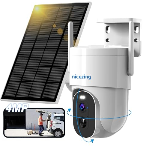 4MP QHD Solar Überwachungskamera Aussen Solar, nicezing 355°/95° PTZ Kamera Überwachung Aussen Akku 15000mAh, 5W Solarpaneele, Farbnachtsicht, Humanoiderkennung/PIR-Erkennung, IP67