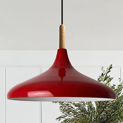 bamyum Champion Madera Lámpara de Cocina, Lámpara Techo Colgante Vintage, Lámpara de Techo con Pantallas de 35 cm y Lámpara de Isla de Cocina de Metal de Lámparas de Techo Rojo