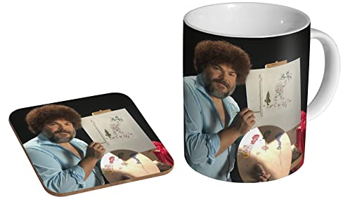 stopper Jack Black As Bob Ross Funny Keramik-Kaffeetasse + Untersetzer Geschenkset