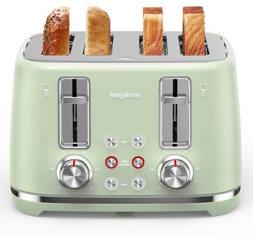 4 Slice Toaster, Extra Wide Slots, Longdeem Retro Stainless Steel Toasters, 6 Browning Options, Lift + Look, Auto Shut Off & Frozen Function, Toast Fruit Bread, Bagel & Waffle, Pastel Green