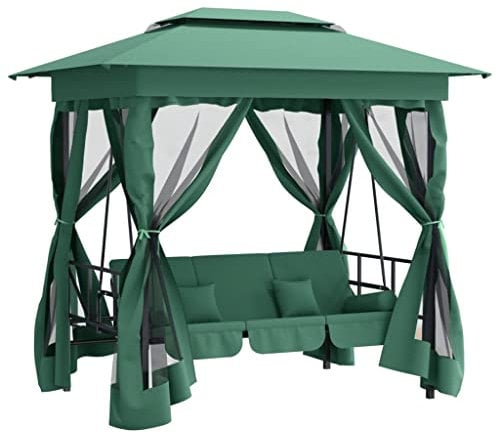 vidaXL Gartenpavillon, Pavillon mit Hollywoodschaukel 3-in-1-Design, Gartenschaukel Gartenzelt mit Seitenwänden Stahlrahmen, Grün Stoff Stahl