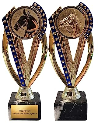 eberin · Reitsport Pokal · REIT Pokal · Pferd · Turnierreiten · Hobby Horsing · Turnierschleife blau/Gold · Ehrenpreis · Pokal mit Wunschgravur · 2 Pferde Motive wählbar (Pferdekopf Glanz)