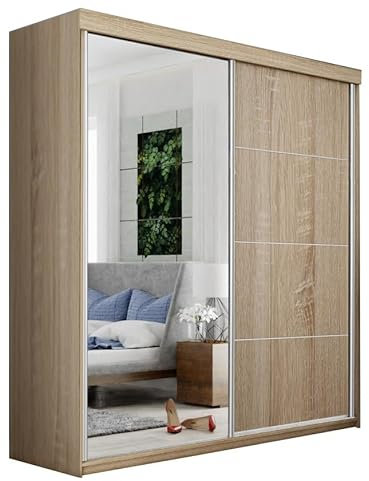 KIER FURNITURE Mehrzweckschrank TOP Plus B-23 Schiebetürenschrank - Eleganter Kleiderschrank Schrank Garderobe Spiegel - Wohnzimmerschrank Schiebetüren - Eiche Sonoma 150x200x62 cm