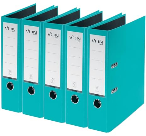 VON Leitz Ordner A4, 5er Pack, Karton mit Kunststoffeinband, 80 mm Rückenbreite, Für 600 Blatt, Blauer Engel & FSC-zertifiziert, Für Schule, Studium & Zuhause, Türkis, 10551052