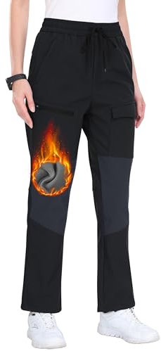 MoFiz Damen Skihose wasserdichte Softshellhose Winter Schneehose Fleece Innen Warme Thermohose Arbeitshose Wanderhose Outdoorhose Schwarz+Dunkelgrau XL