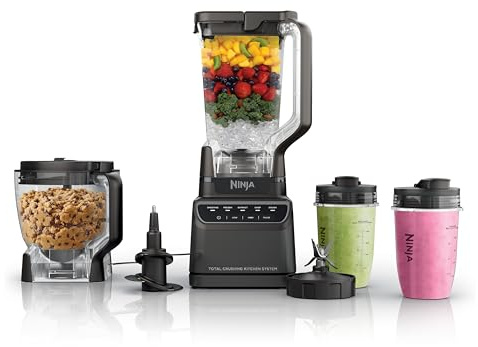 Ninja BR601AMZ Ninja Sistema de cocina trituradora total para batidos, congelados, extractos, picar y masa, 1200 vatios, 70 onzas. Jarra de tamaño completo, tazón de procesador de alimentos de 8