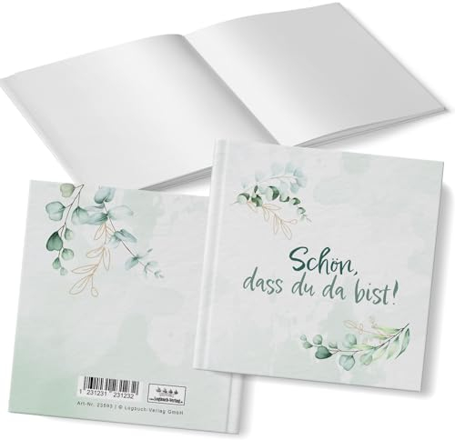 Logbuch-Verlag Gästebuch Schön, dass du da bist Eukalyptus grün weiß leeres Buch zum Eintragen für Gäste Hochzeit Taufe 18 x 18 cm