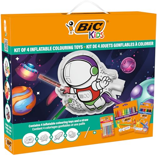 BIC Kids Aufblasbares Spielzeug Set zum Malen im Weltall Motiv: 12 Evolution Buntstifte, 12 Kid Couleur Filzstifte, 6 Glitzerkleber & 4 aufblasbare Spielzeuge