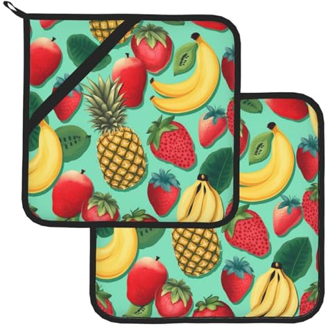 Topflappen mit Bananen-Erdbeer-Ananas-Druck, quadratisch, waschbar, hitzebeständig, mit Taschen, wasserdicht, rutschfest, zum Backen, Kochen, 20,3 x 20,3 cm, 2 Stück