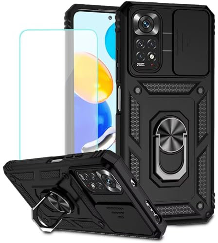 Jhxtech Funda para Redmi Note 11 (4G)/Redmi Note 11S con protector de pantalla de vidrio templado y cubierta de cámara deslizante, anillo magnético, soporte para coche, funda protectora para Xiaomi