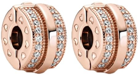 Amuefer Clip Sparkling Pavé Lines Oro rosa Charm Compatibili Bracciale Collana, Argento Sterling Ciondolo Compleanno Natale Gioielli Regali per le Donne Moglie Amici