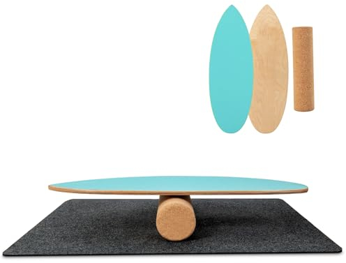 KOMFOTTEU Balance Board Holz, Balancebrett mit Korkrolle & rutschfester Filzmatte, Gleichgewichtsboard Indoor Training Surfen Skaten, Wackelbrett Trickboard max.100kg belastbar (Blau)