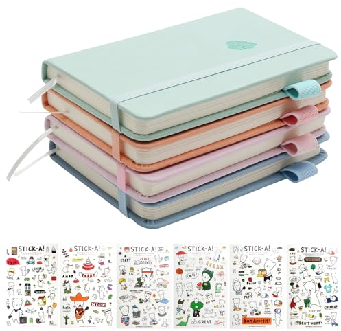 4 Stück Tragbares Notizbuch A6 mit 6 Aufkleber, Farbe Hardcover Notizbücher Aufzeichnung von Memos und Zeitplänen, Taschen Notizblock Klein für Kinder und Erwachsene (A6)