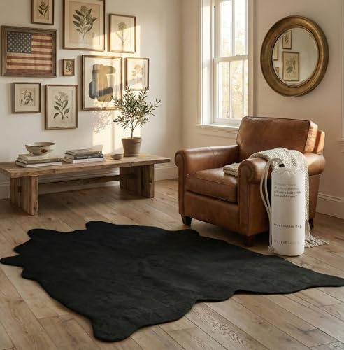 Teppich aus Rindsleder, waschbar, fusselfrei, 120 x 180 cm, Schwarz | Wohnzimmer und Schlafzimmer, allergenfrei, dick und bequem, haustierfreundlich, Unterseite aus Wildlederimitat