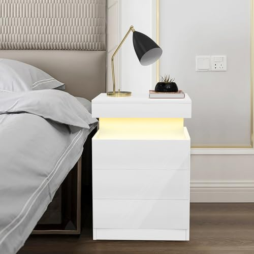 Utlenianie Nachttisch Weiß mit LED, Nachttisch mit Steckdose & Ladefunktion, Bedside Table mit 3 Schublade, Farbe Einstellbar, Nachtschränkchen für Wohnzimmer, Studie, Schlafzimmer (weiß)